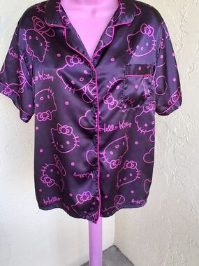 Hello Kitty Black Satin Button-Up Top with Hot Pink Print